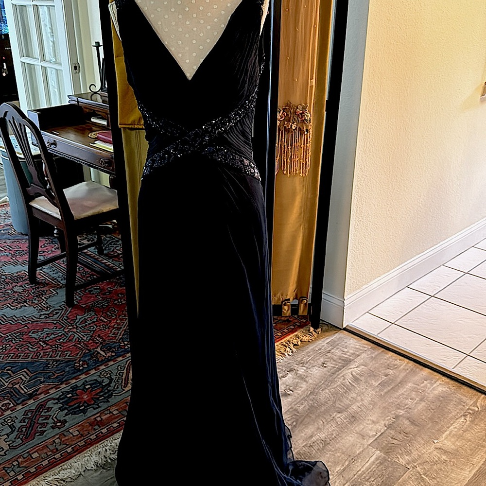 TADASHI Full Length Midnight Blue Silk Evening Gown